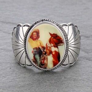 NWT SILVER Vintage Western Style Silver Cuff Bracelet With Enamel Horse